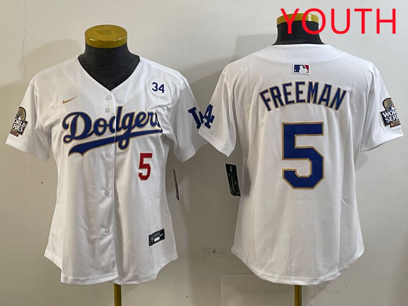 Youth Los Angeles Dodgers 5 Freeman White Gold Game 2025 Nike MLB Jersey style 5